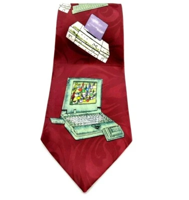 Corbata vintage de novedad hecha a mano Reinassance con computadoras antiguas granate Foto 1 de 4