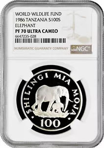 Tanzania 100 shillings 1986, NGC PF70 UC, "World Wildlife Fund - Elephant" - Picture 1 of 2