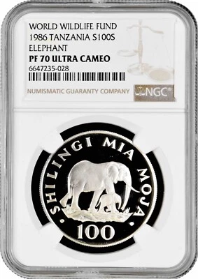 Tanzania 100 shillings 1986, NGC PF70 UC, "World Wildlife Fund - Elephant" - Image 1 of 2