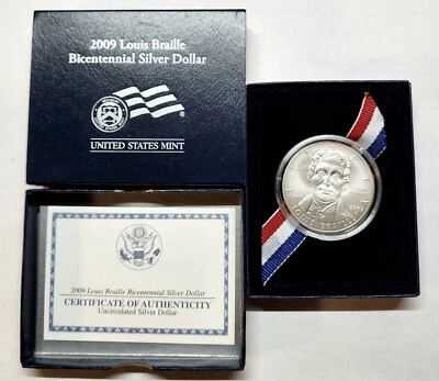 EXQUISITE 2009 LOUIS BRAILLE SILVER DOLLAR UNCIRCULATED MINT BOX & COA - Image 1 of 3