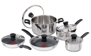 T-fal Stainless Steel Cookware Set, Non-Stick, Dishwasher & Oven Safe, 10-pc - Picture 1 of 8