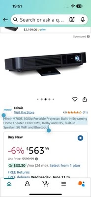 Miroir M700S 1080p Portable Projector, Built-in Streaming Home Theater - Image 1 of 4