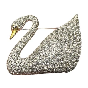 Vintage Swarovski Pave Crystal Swan Brooch Pin 1.75” x 1.5" Rhodium & Gold Tone - Picture 1 of 11