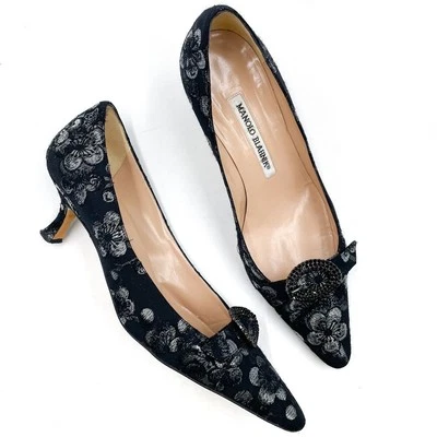 Manolo Blahnik Kitten Heel Pumps Black Jacquard Crystal Buckle Sz 36.5 / 6.5 - Image 1 of 4