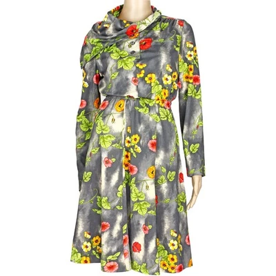 70s Vintage Dress Kollection Gray Top/Skirt Set Red Yellow Poppy Pink Floral S/M - Image 1 of 4