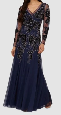 Vestido de noche para mujer Adrianna Papell azul forrado con cuentas apliques de terciopelo talla 4 Foto 1 de 3