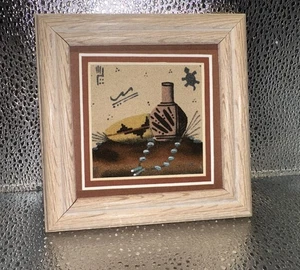 Native American Sand Art Picture Wooden Frame Pot Pottery Sandman Wall Hanging - Picture 1 of 7