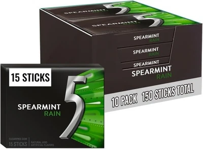 Wrigleys 5 Gum Rain Spearmint Flavoured Sugarfree Chewing Gum 15 Stick Pack Box - Image 1 of 4