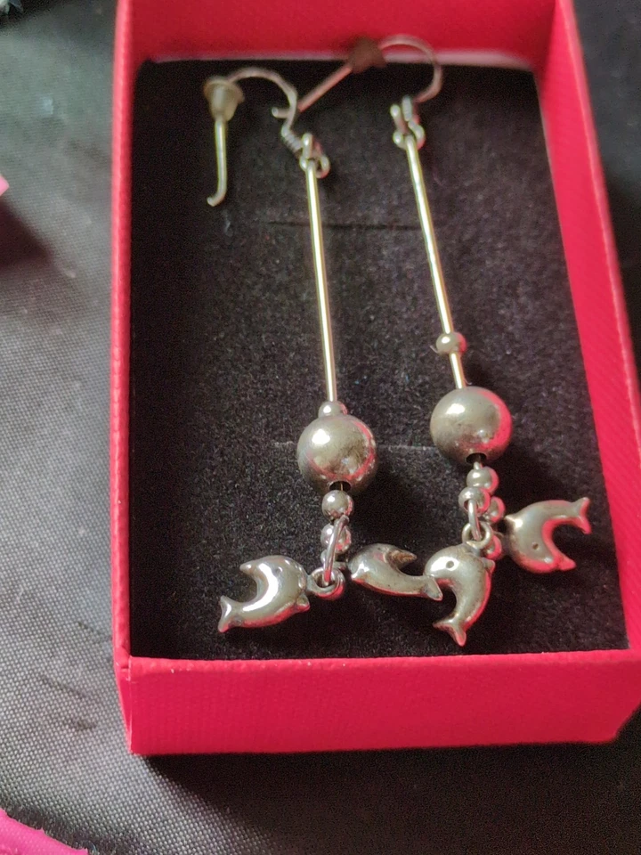 Pretty Costume Earrings 925 StampedSterling Silver Hoops Douphins Free Gift Box - Image 1 of 4