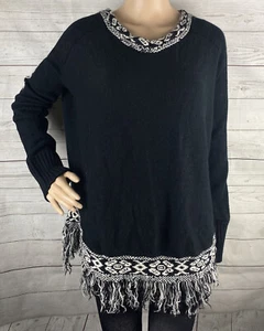 Yaira Sweater Large XL Black White Patterned Fringe Trim Soft Acrylic Knit BOHO - Imagen 1 de 12