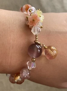 Handmade Rabbit Fur Orange Rutilated With Agate Stone Crystal Stretch Bracelet - Picture 1 of 7