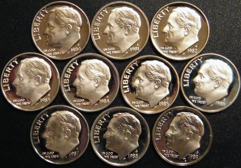 1980~1989 S Roosevelt Dime Gem Proof Run 10 Coin Decade Set US Mint Lot Cover