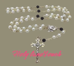 White Lulu Black Necklace Rosary Catholic Jerusalem Hand Made Holy Land Crucifix - Picture 1 of 8