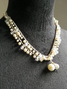 SILVER PEARLS & CLEAR BEADS NECKLACE - LOBSTER CLASP - Picture 1 of 4