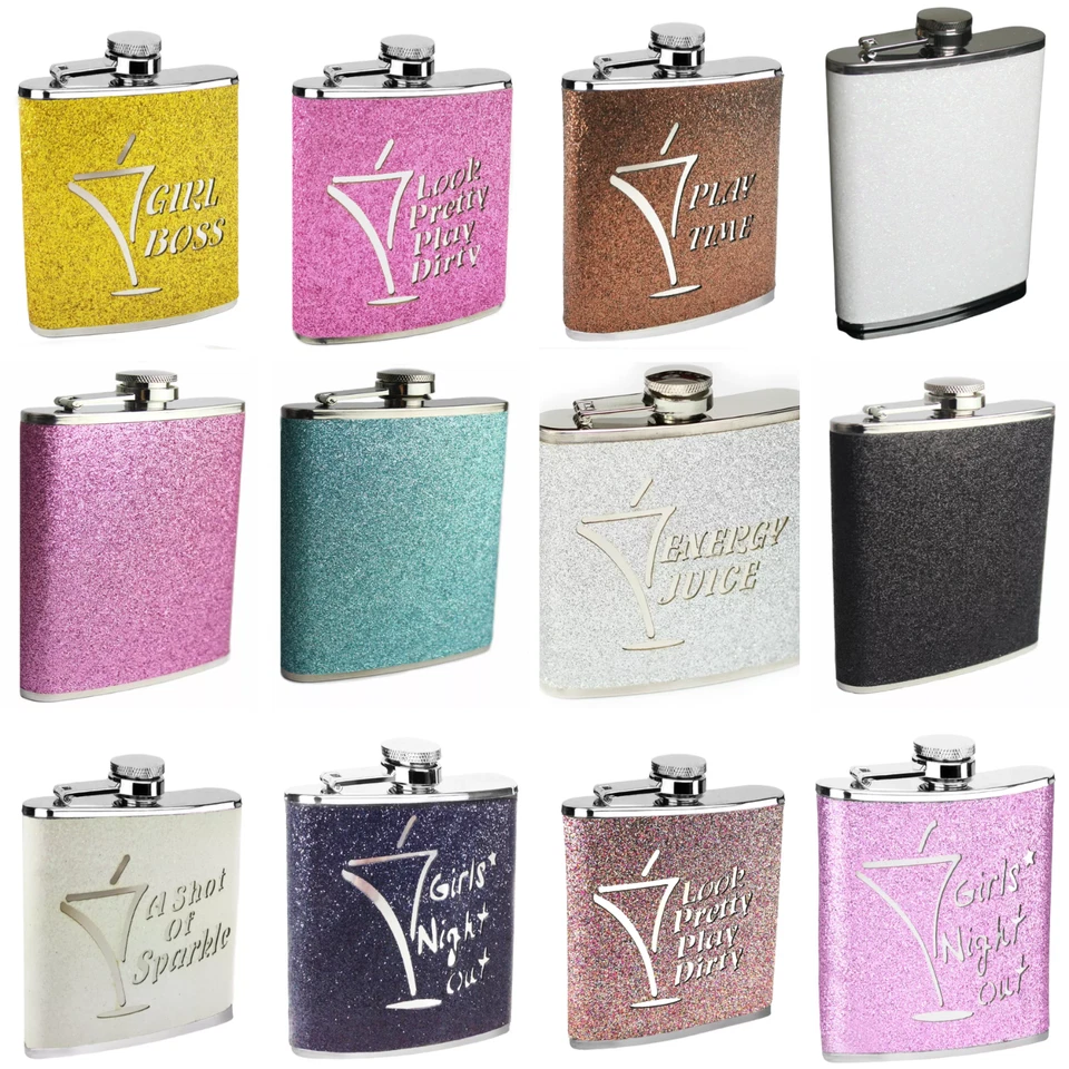 6oz Hip Flask Stainless Steel Various Glitter Beautiful Ladies Design Sparkle UK - Image 1 of 1