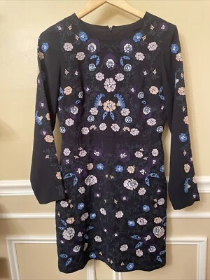 Club Monaco Kasienna Dress Navy Blue Floral Embroider Long Sleeve Sheath Size 4 - Image 1 of 4