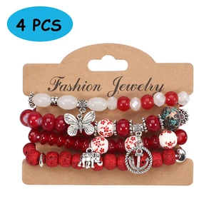 Bohemian 4 PCS Stretch Bracelets Set - Elephant & Butterfly for Women & Girls - Picture 1 of 12