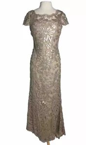 Calvin Klein Womens Sequined Gown Dress Sz 6 Tan Nude Silver Mermaid Cap Sleeve - Picture 1 of 12