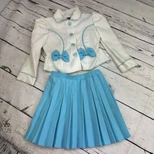 Village Market Vintage Skirt Set Bows Trim White Blue Girls Size 5 stain wrist - Picture 1 of 5