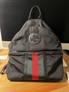 GUCCI Backpack Logo Shelly Line Interlocking Canvas Leather Black Rare Used Ex - Picture 1 of 17