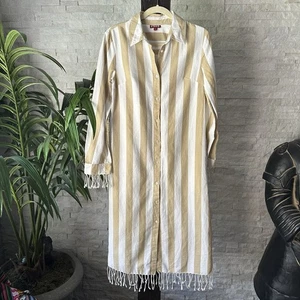 STAUD Linen Cotton Tan White Stripe Tassel Malibu Long Sleeve Dress Size M - Picture 1 of 10