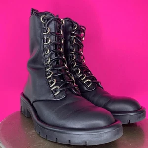 Zara Black Leather Gold Lace Loop High Ankle Chunky Sole Combat Boot Sz 38 - Picture 1 of 7