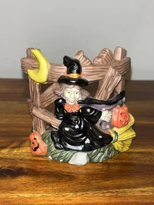 Halloween Herbst Hexenzaun fliegender Besen Teelichthalter 4 Zoll Keramik Vintage - Bild 1 von 5