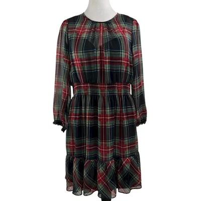 J CREW Plaid Sheer Chiffon DRESS XL Tartan Christmas Red Green Academia Preppy - Image 1 of 4