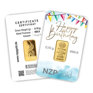 Gold Bar 0.1g Gram, Happy Birthday NZP Gold Germany - Birthday Gift NEW - Picture 1 of 3