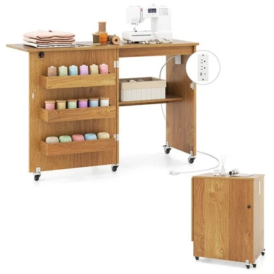 Folding Sewing Table Rolling Craft Station w/ 3 Storage Bins & Charging Station - Image 1 of 4