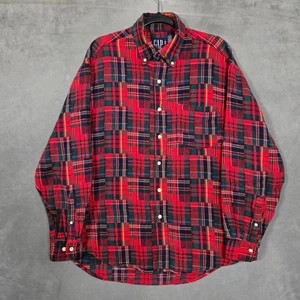 Vintage Gap flannel Shirt Mens Large red blue Patchwork Plaid distressed *FLAW* - Picture 1 of 11