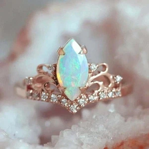 Marquise Cut Simulated Fire Opal Engagement Wedding Ring 14K Rose Gold Plated - Picture 1 of 8