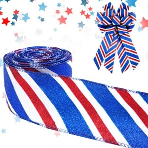 Patriotic Wired Edge Ribbon 2.5" 10 Yards Veterans Day Red Blue Glitter Wired... - Picture 1 of 5