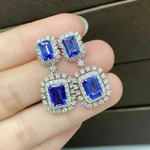 3Ct Emerald Cut Lab-Created Tanzanite Drop Dangle Earrings 14K White Gold Plated - Picture 1 of 5