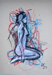 Kniende Aktzeichnung - bunte Figur Kunst in Pastell & Tusche - Bild 1 von 4