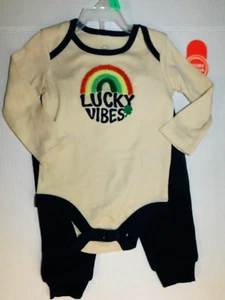 St Patricks Day 6-9 Months Infant Boy Outfit Lucky Vibes Top and Blue Pants - Picture 1 of 6