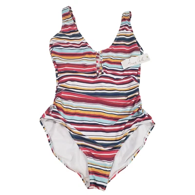 Traje de baño Anne Cole de una pieza para mujer multicolor 10 rayas cuello en V recortado fruncido Foto 1 de 4