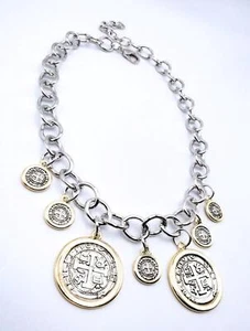 UNIQUE Chunky Designer Rustic Silver Gold Roman Coin Charms Link Chain Necklace - Picture 1 of 12