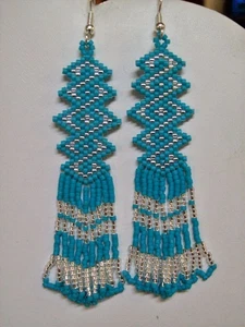 Tribal Earrings Native Large Boho American Seed Beads Handmade Earring - Picture 1 of 3