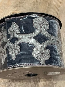 D Stevens Ribbon (Wired) 4” x 15 yard French Blue Velvet Silver - New - Picture 1 of 8