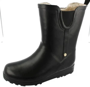 LADIES ELLE BLACK FUR LINED MID CALF WELLINGTONS X1R279 - Picture 1 of 6