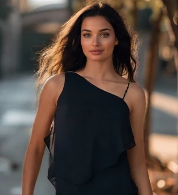 Top Elizabeth James con Volantes de Gasa Un Hombro Sin Mangas Negro Talla X-Pequeña Foto 1 de 4