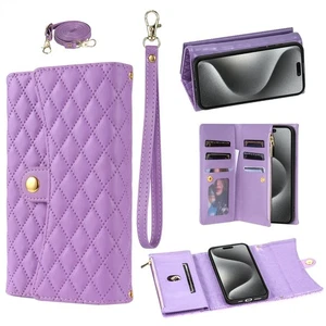 Para iPhone Samsung Xiaomi Funda Bandolera Cuero Tarjeta Billetera Soporte Cubierta 2 Correas - Imagen 1 de 27