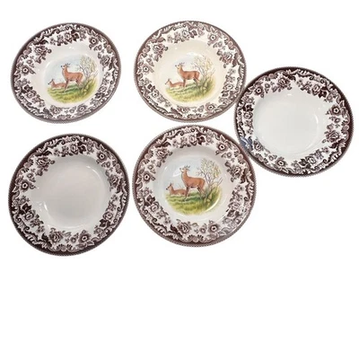 Spode Woodland Deer Rimmed Bowls Set Of 5 England 9 inch Soup S3422 Two without - Image 1 of 4