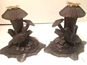 VINTAGE BLACK FOREST STYLE PAIR OPPOSITE PHEASANT CANDLE HOLDERS WOOD LOOK RESIN - Picture 1 of 9