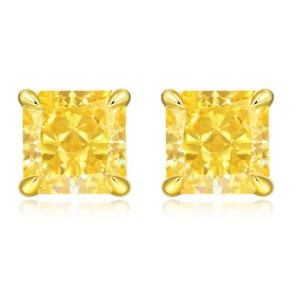 8.6CT Asscher Cut Lad Created Yellow Diamond Stud Earrings 14K White Gold Finish - Picture 1 of 6