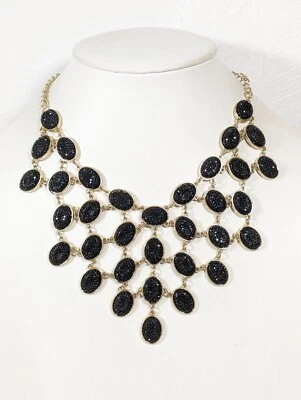 Gold Tone Black Textured Oval Cabochon Bubble Charm Statement Necklace 19 in - Image 1 of 4