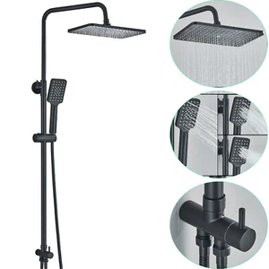 Black EXposed Bathroom Shower Twin Head Large Bar Set Square Rail Hose Riser Tap - Picture 1 of 13