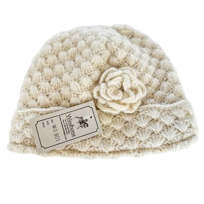 NUEVO CON ETIQUETAS Wild Horse NEPAL Lana Floral Crochet Beenie Mujer’s OS Crema Grueso Forrado Sombrero Foto 1 de 4