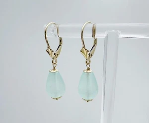 Estate 14K Yellow Gold Leverback Pale Green Jade Teardrop Drop Dangle Earrings - Picture 1 of 18